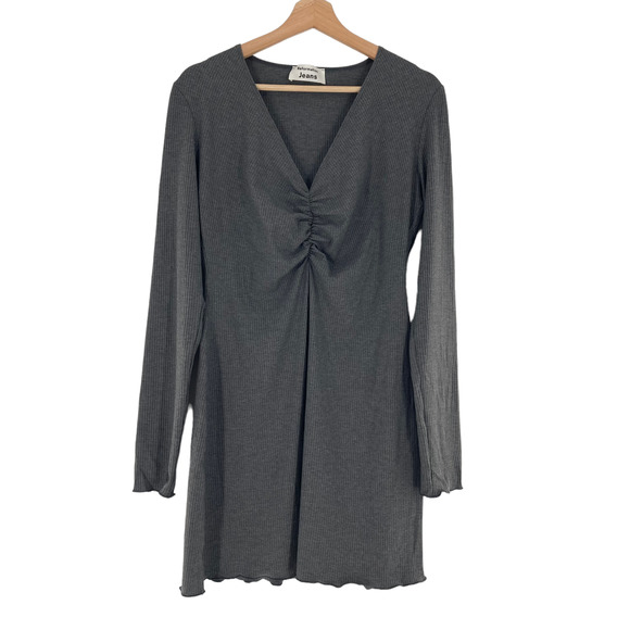 Reformation JEANS Jennie Rib Ruched Mini Dress Long Sleeve Gray - Picture 2 of 7